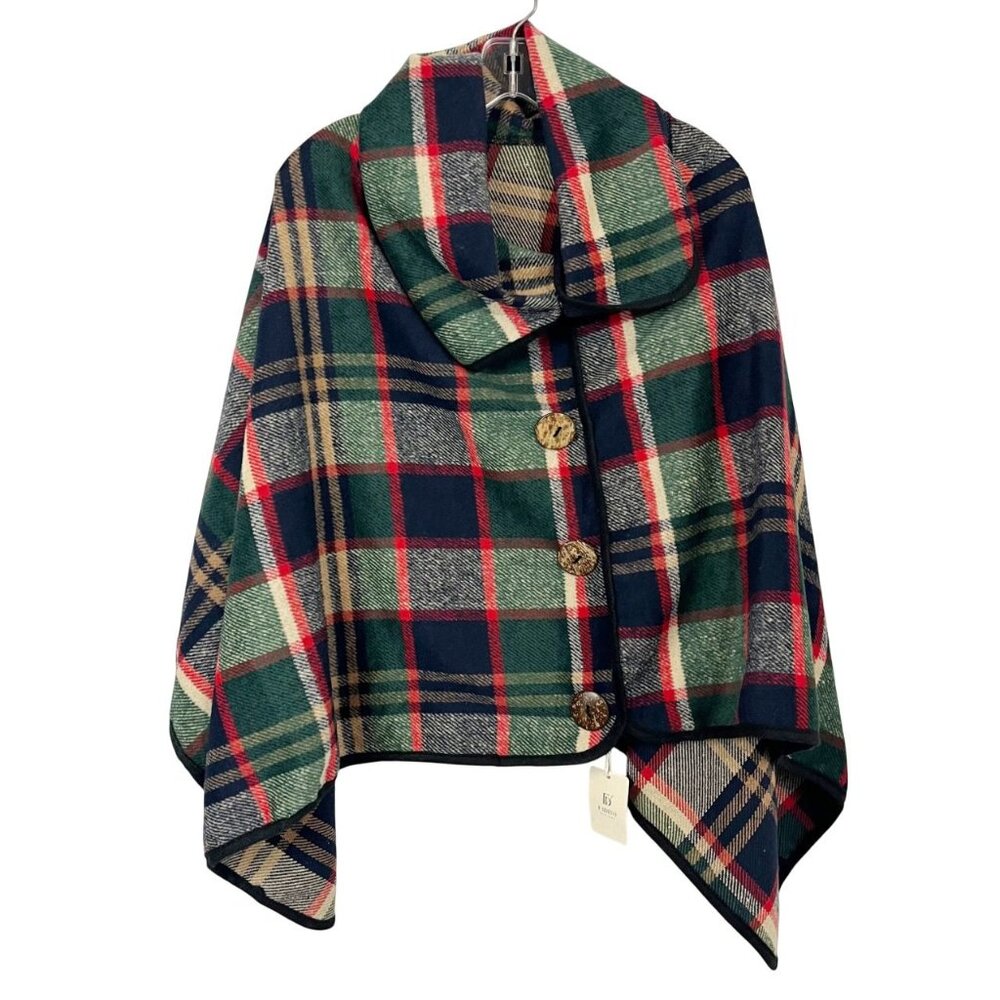 NEW Fadivo Green Blue & Red Plaid Cape‎ Wood Buttons Preppy One Size